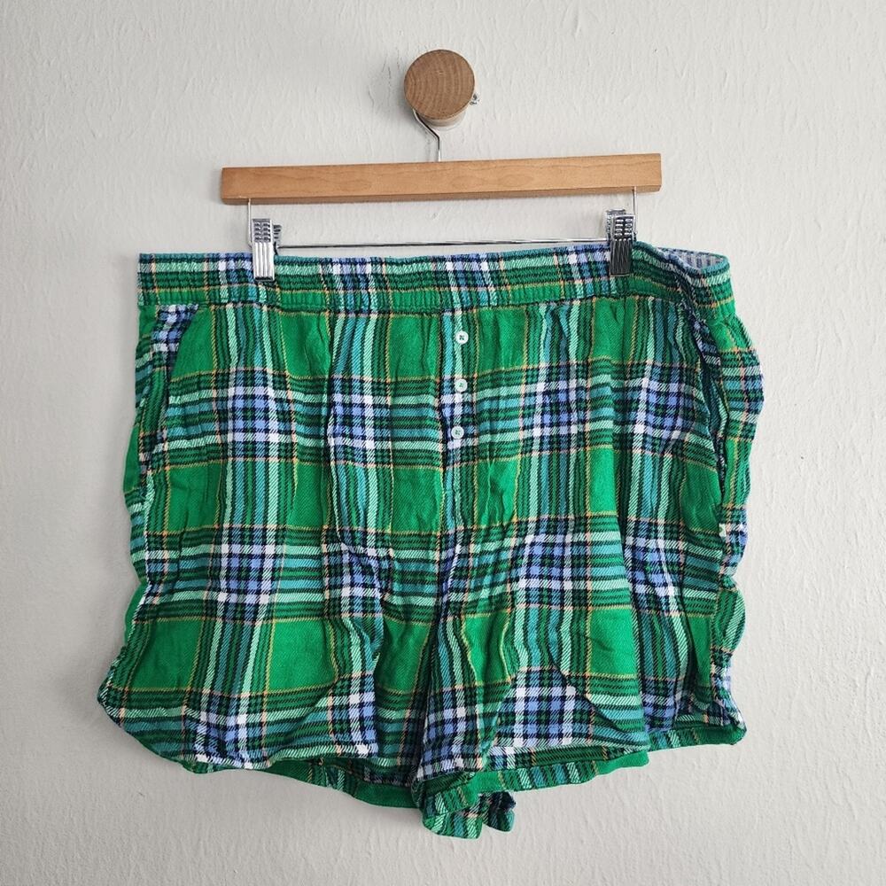 Aerie High Waisted Flannel Pajama Shorts Green Blue Plaid Tartan XXL 2XL NWT